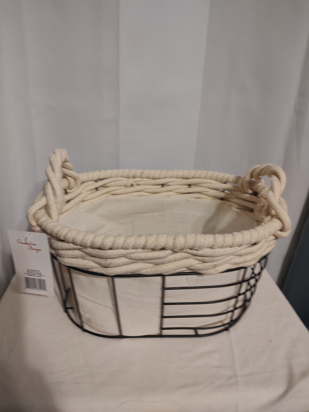 Source Unknown Cream Rope-Trim Black Wire Storage Basket